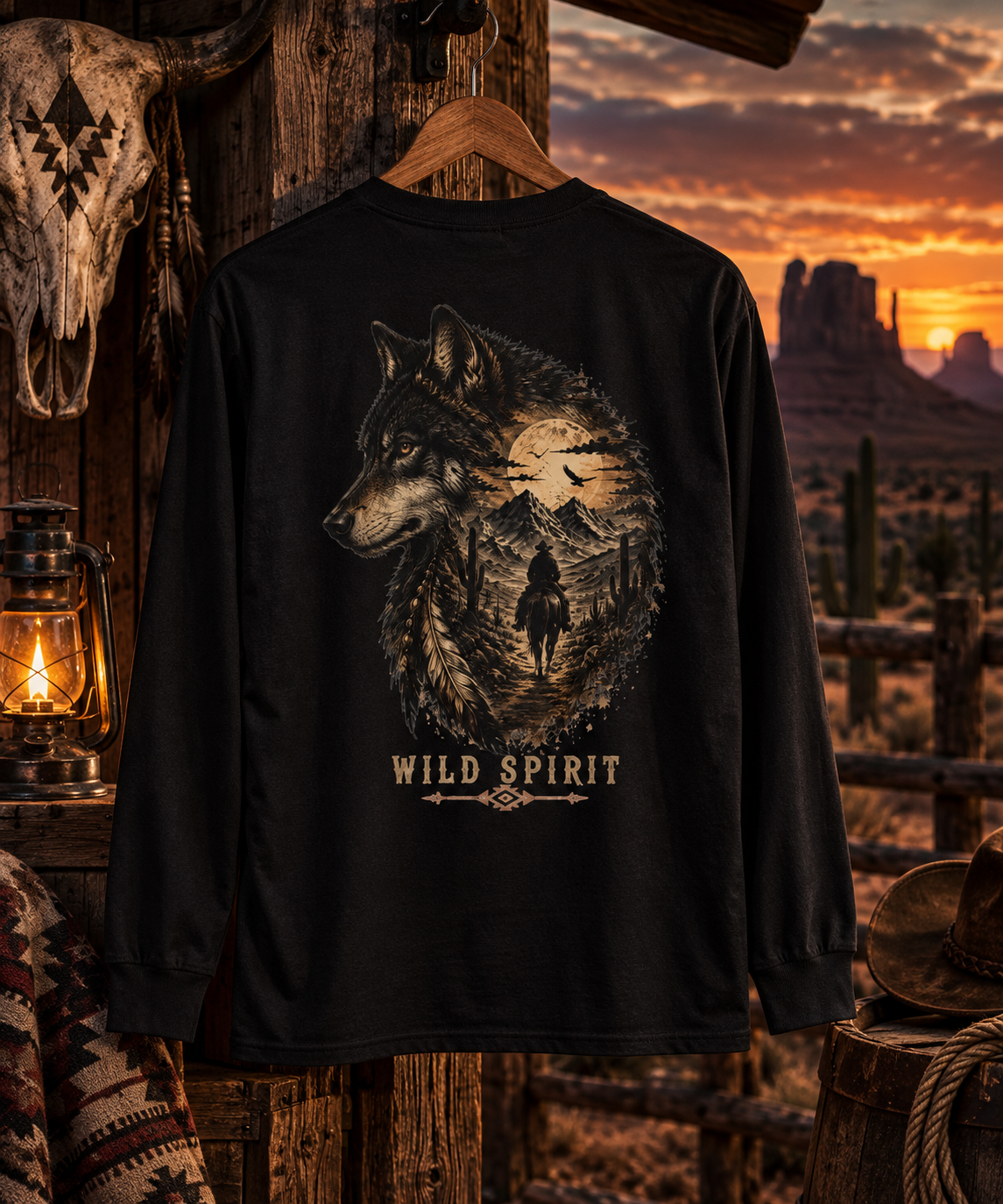 Wild Wolf Long Sleeve Shirt | Western Wolf Graphic Tee | Cowboy Outdoor Shirt