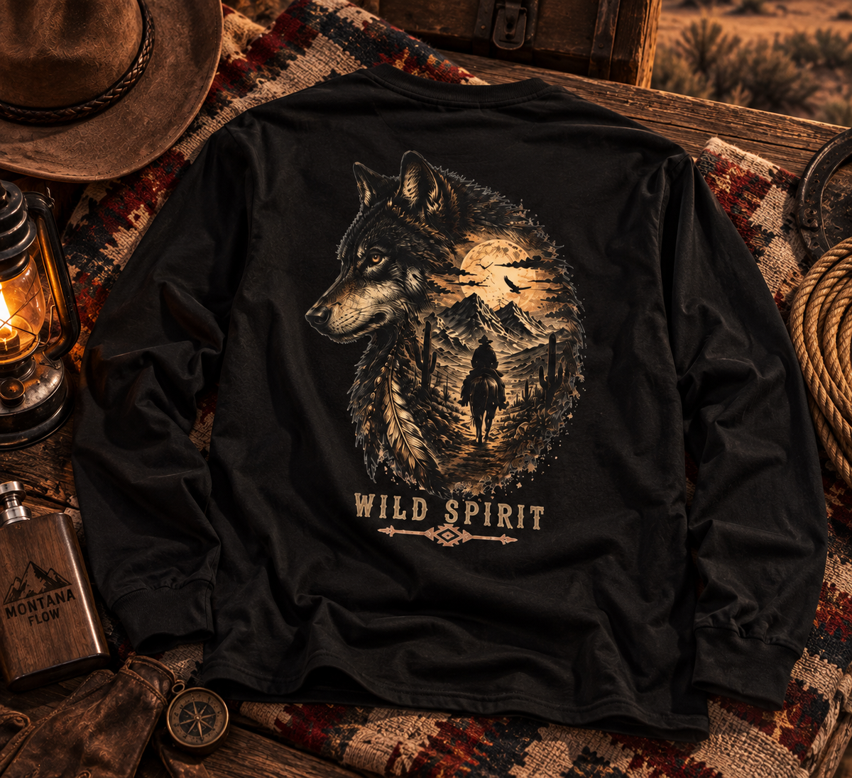 Wild Wolf Long Sleeve Shirt | Western Wolf Graphic Tee | Cowboy Outdoor Shirt