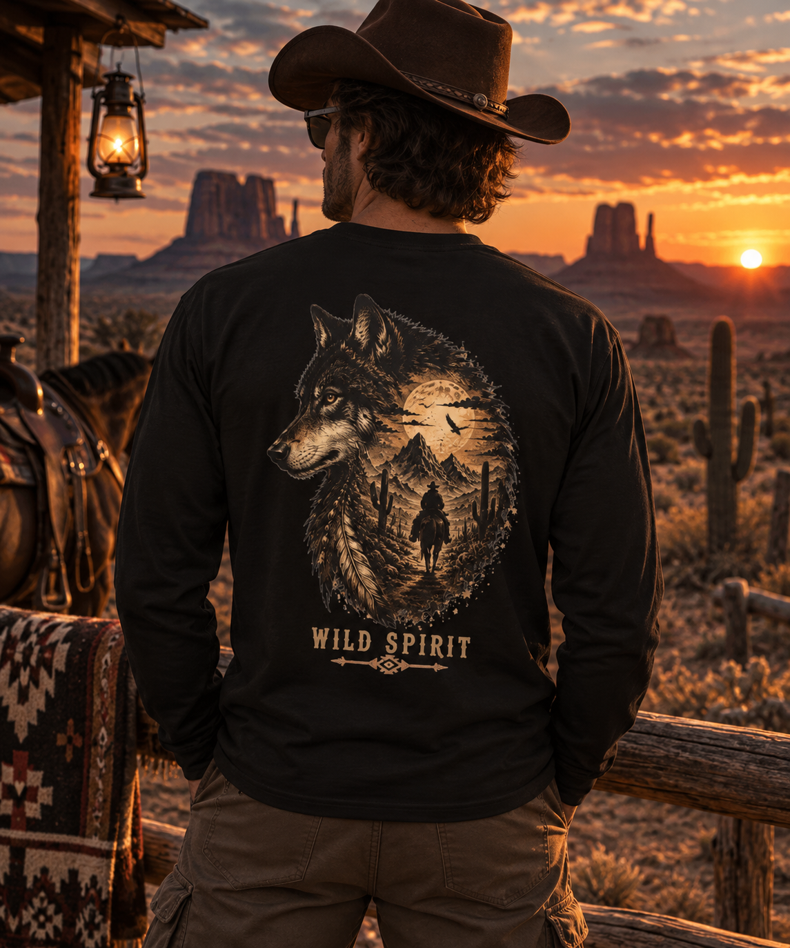 Wild Wolf Long Sleeve Shirt | Western Wolf Graphic Tee | Cowboy Outdoor Shirt