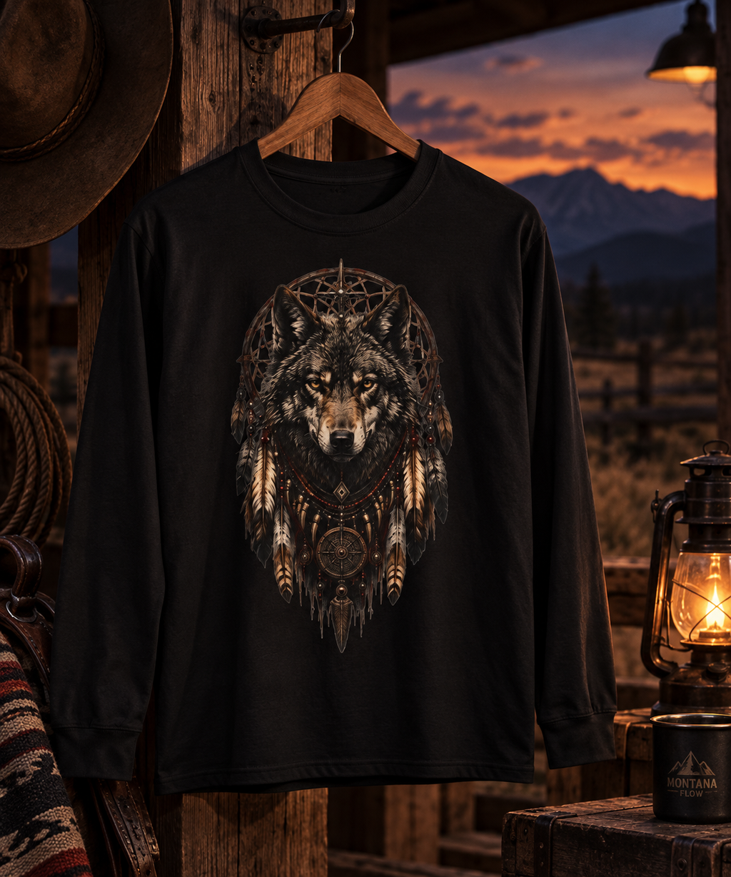 Wolf Dreamcatcher Long Sleeve Tee | Tribal Native-Inspired Wolf Graphic