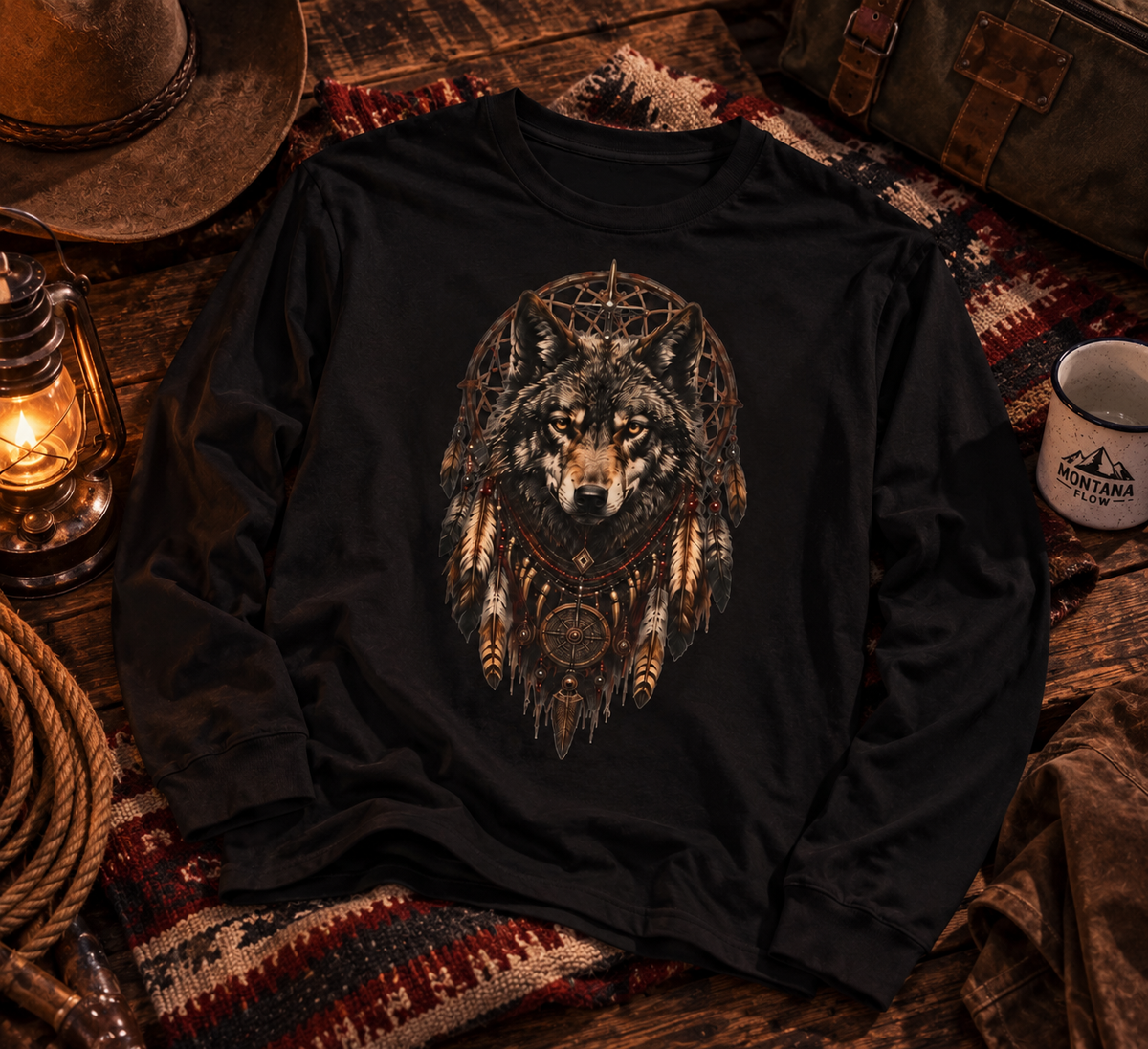 Wolf Dreamcatcher Long Sleeve Tee | Tribal Native-Inspired Wolf Graphic