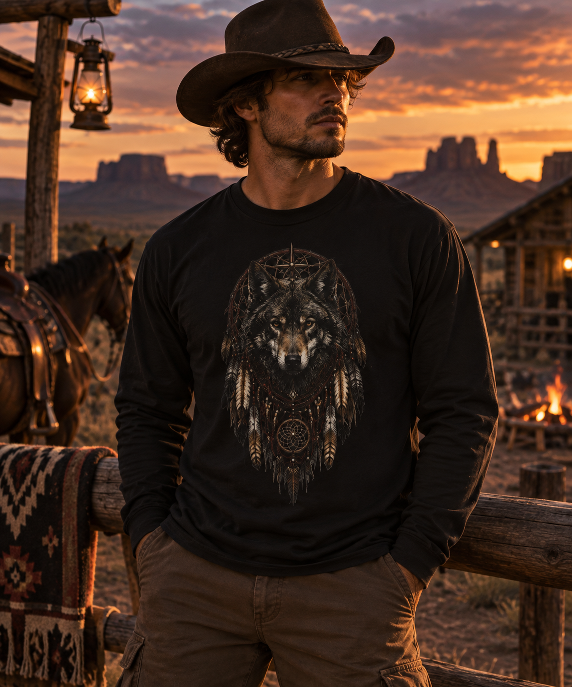 Wolf Dreamcatcher Long Sleeve Tee | Tribal Native-Inspired Wolf Graphic