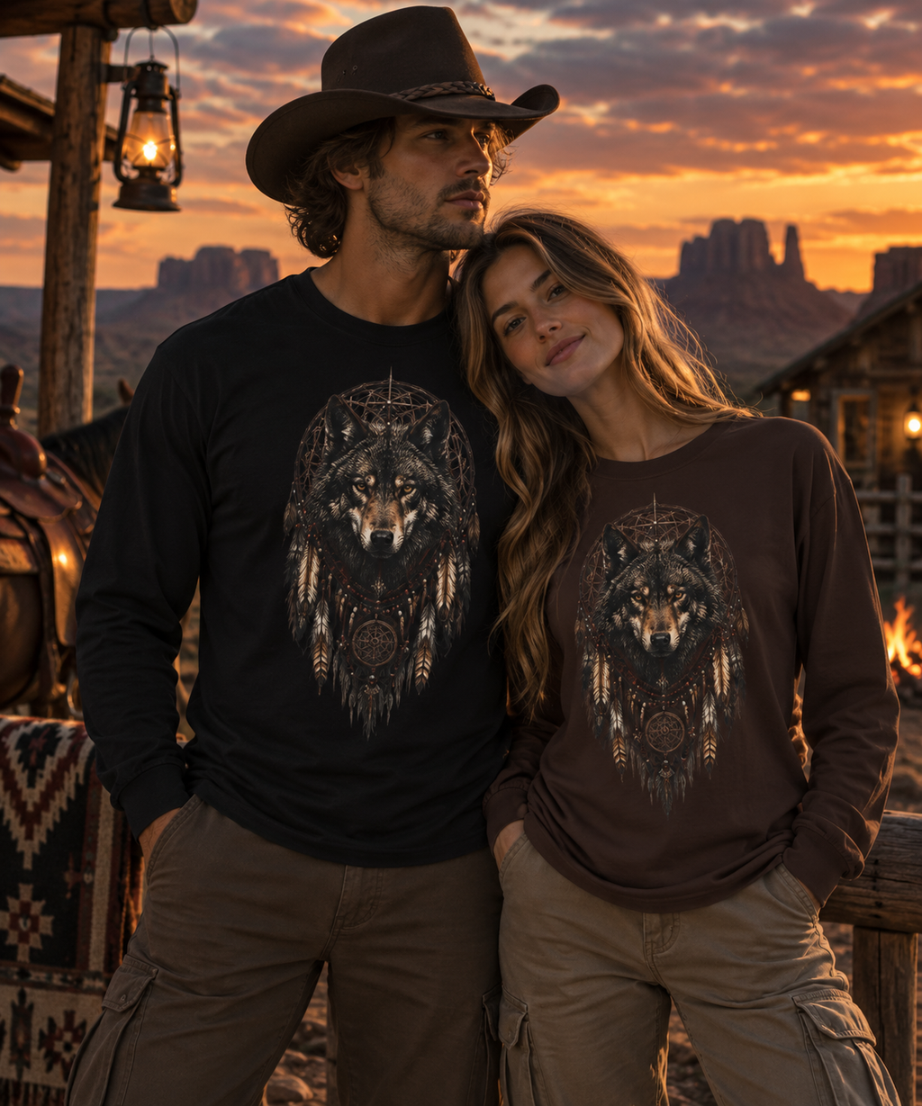 Wolf Dreamcatcher Long Sleeve Tee | Tribal Native-Inspired Wolf Graphic