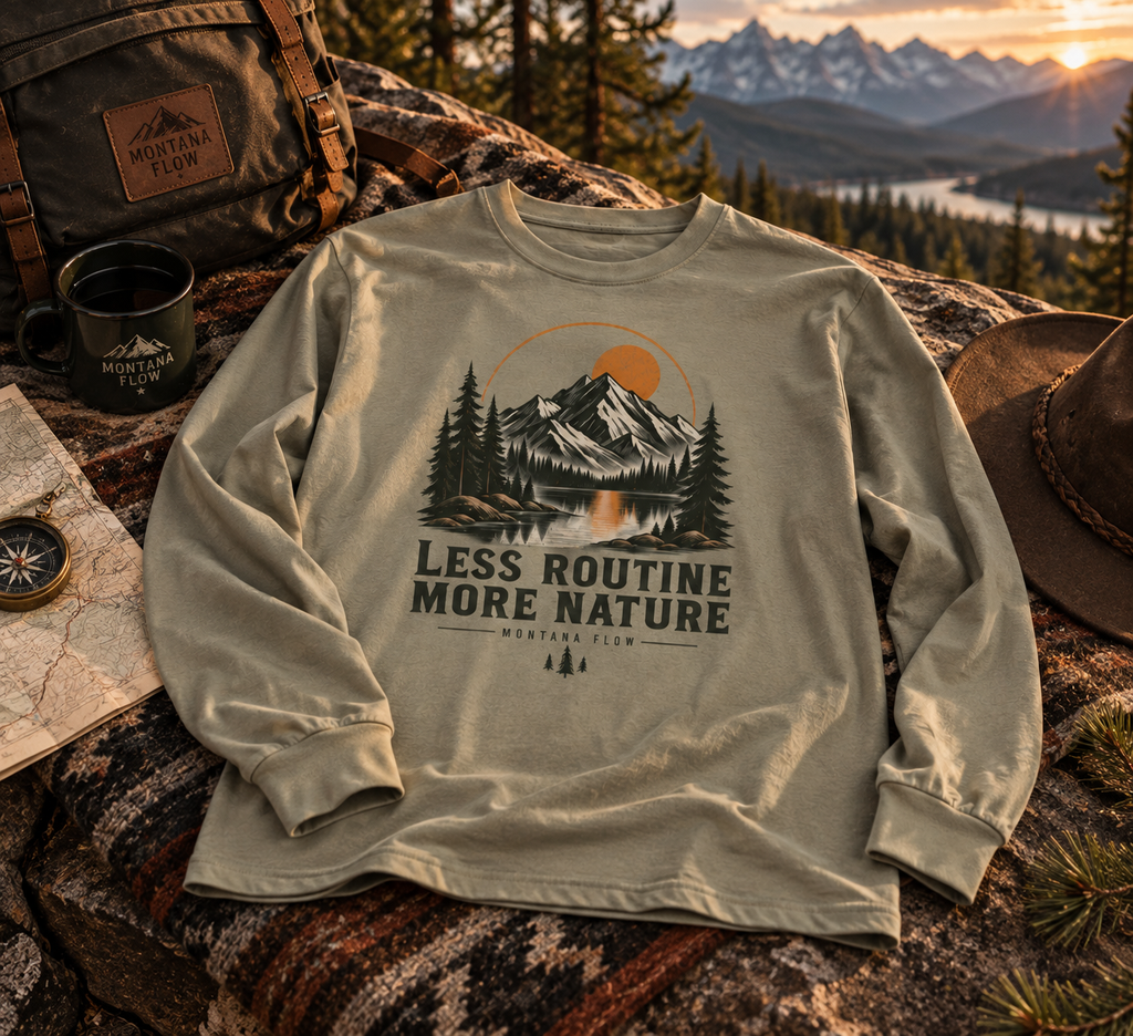 Less Routine More Nature Long Sleeve Tee | Mountain Lake Graphic
