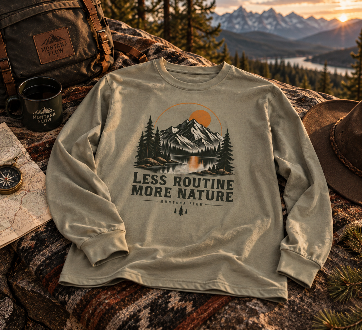 Less Routine More Nature Long Sleeve Tee | Mountain Lake Graphic