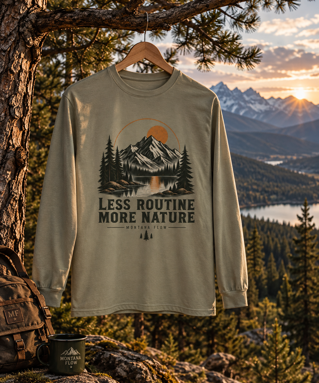 Less Routine More Nature Long Sleeve Tee | Mountain Lake Graphic