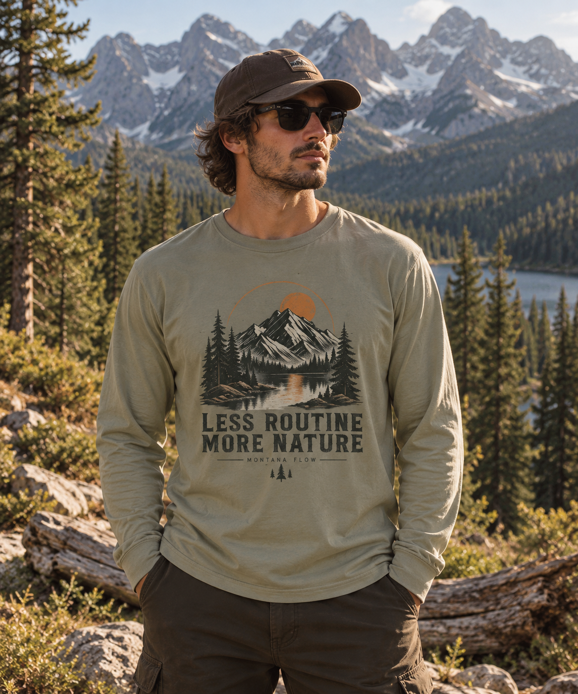 Less Routine More Nature Long Sleeve Tee | Mountain Lake Graphic