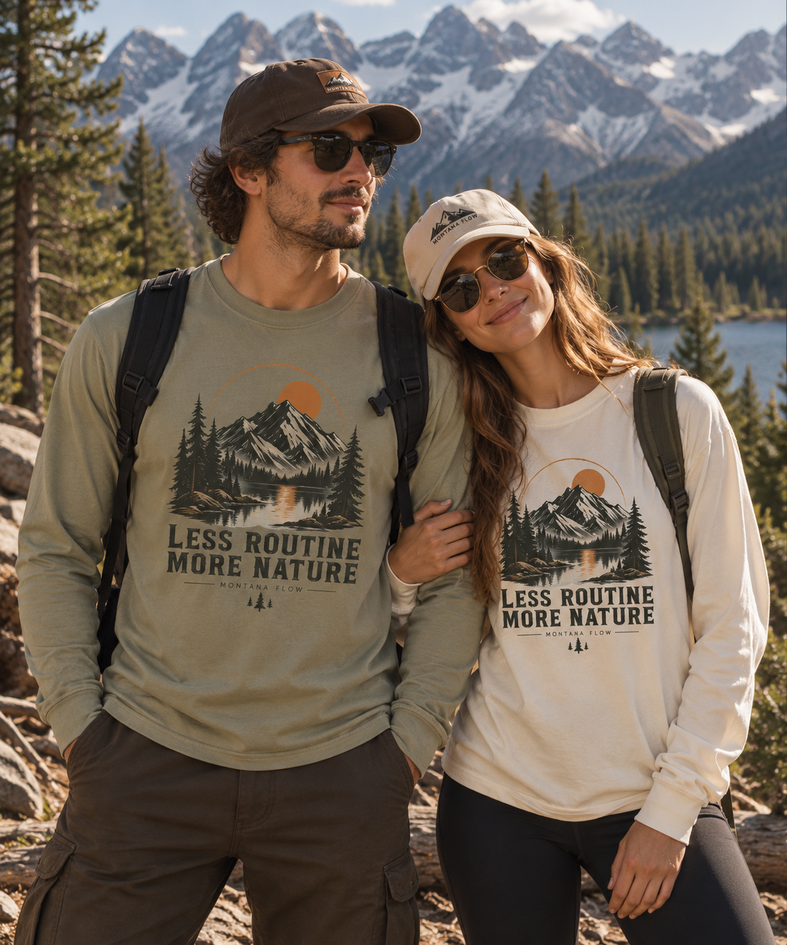 Less Routine More Nature Long Sleeve Tee | Mountain Lake Graphic