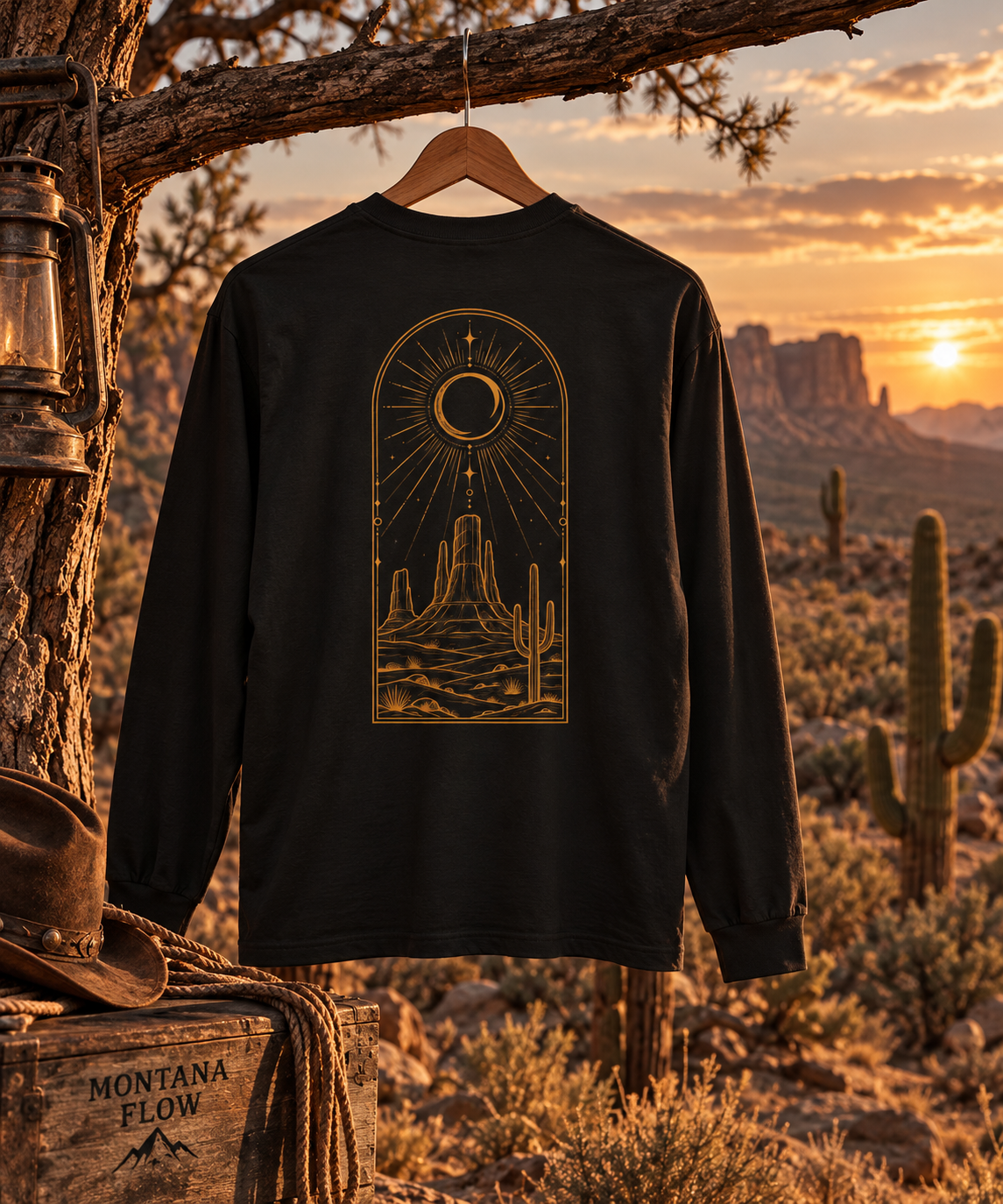 Desert Crescent Moon Long Sleeve T-Shirt | Western Cactus Graphic Tee