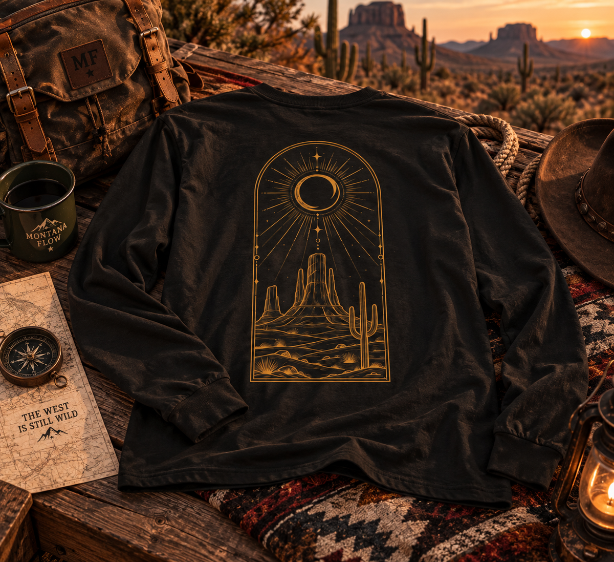 Desert Crescent Moon Long Sleeve T-Shirt | Western Cactus Graphic Tee