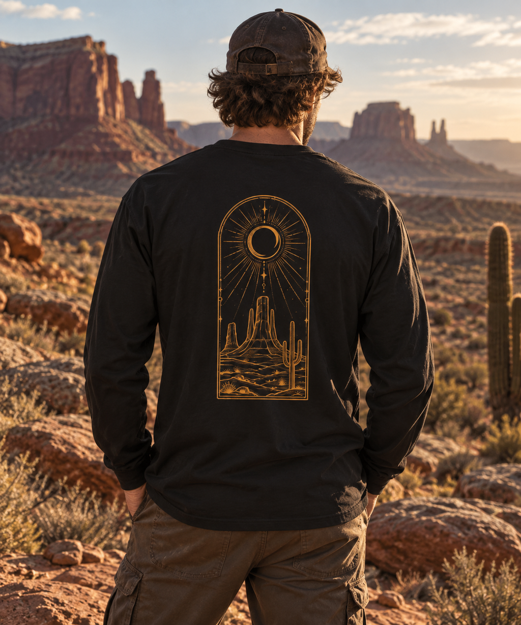 Desert Crescent Moon Long Sleeve T-Shirt | Western Cactus Graphic Tee