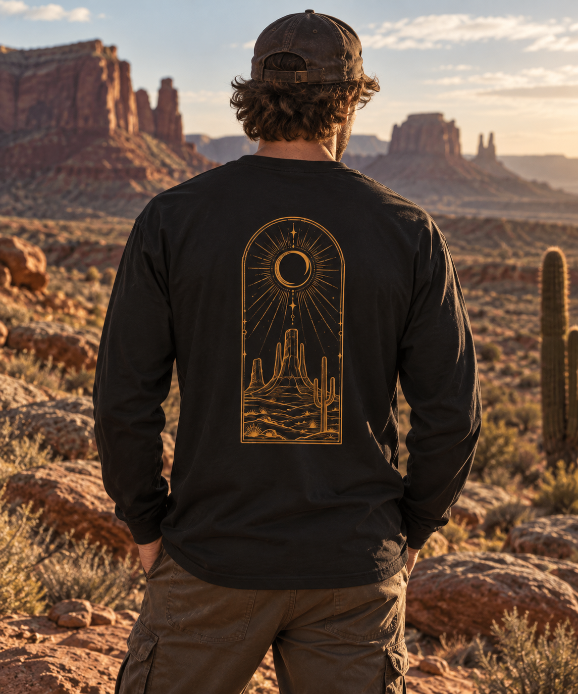 Desert Crescent Moon Long Sleeve T-Shirt | Western Cactus Graphic Tee