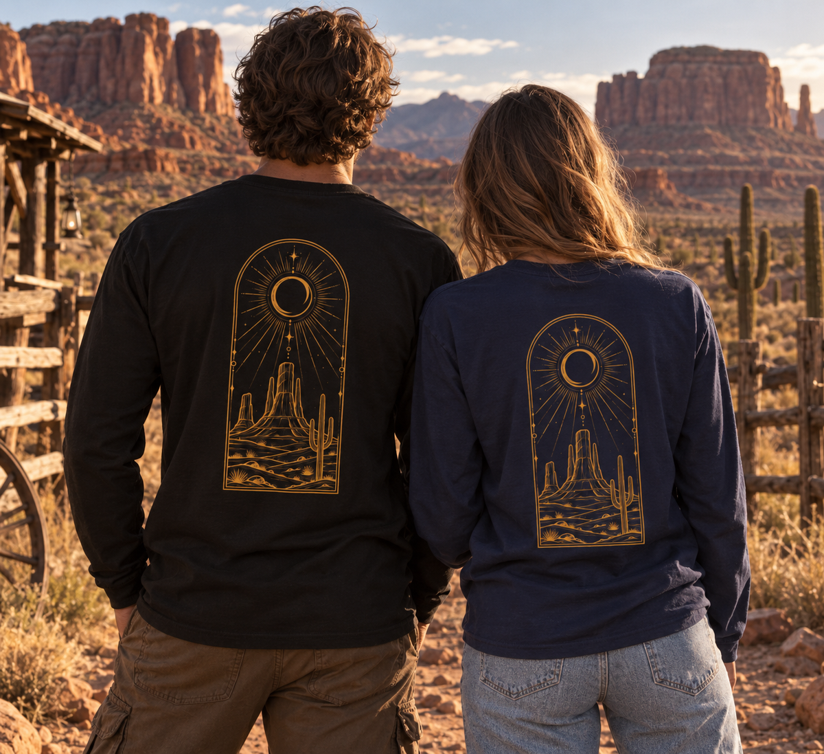 Desert Crescent Moon Long Sleeve T-Shirt | Western Cactus Graphic Tee