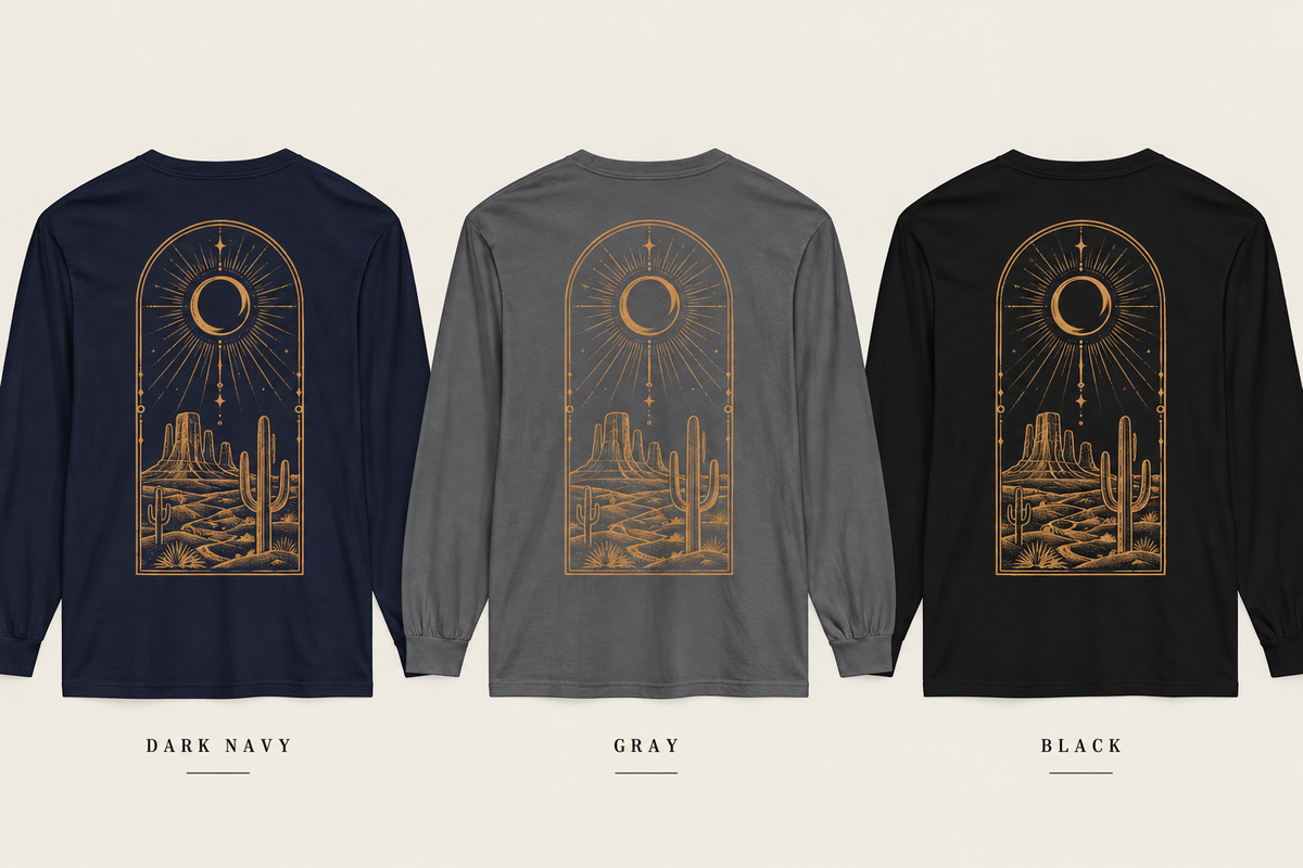 Desert Crescent Moon Long Sleeve T-Shirt | Western Cactus Graphic Tee