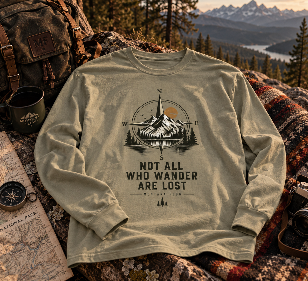 Not All Who Wander Are Lost Compass Mountain Long Sleeve T-Shirt | Outdoor Adventure