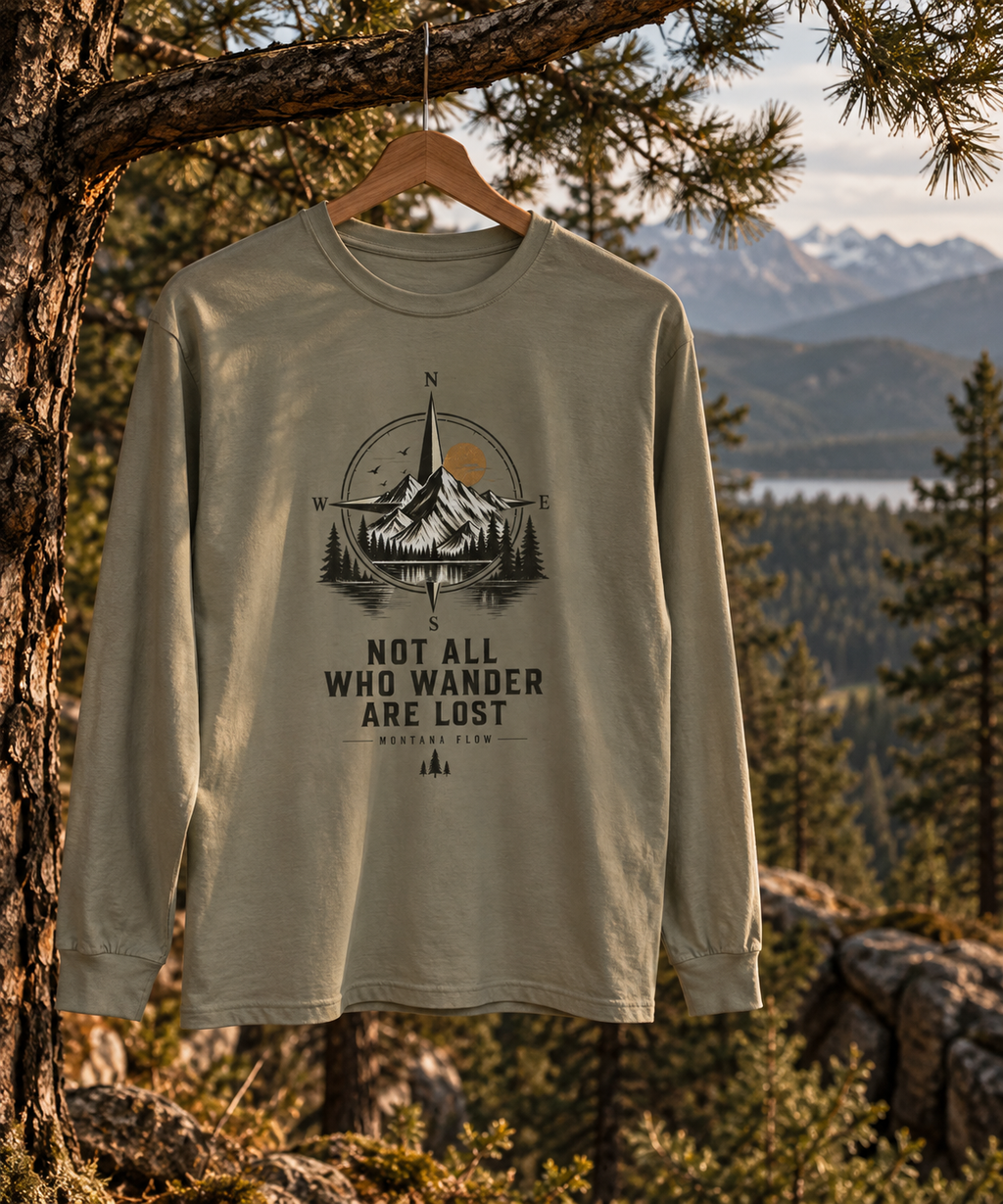 Not All Who Wander Are Lost Compass Mountain Long Sleeve T-Shirt | Outdoor Adventure