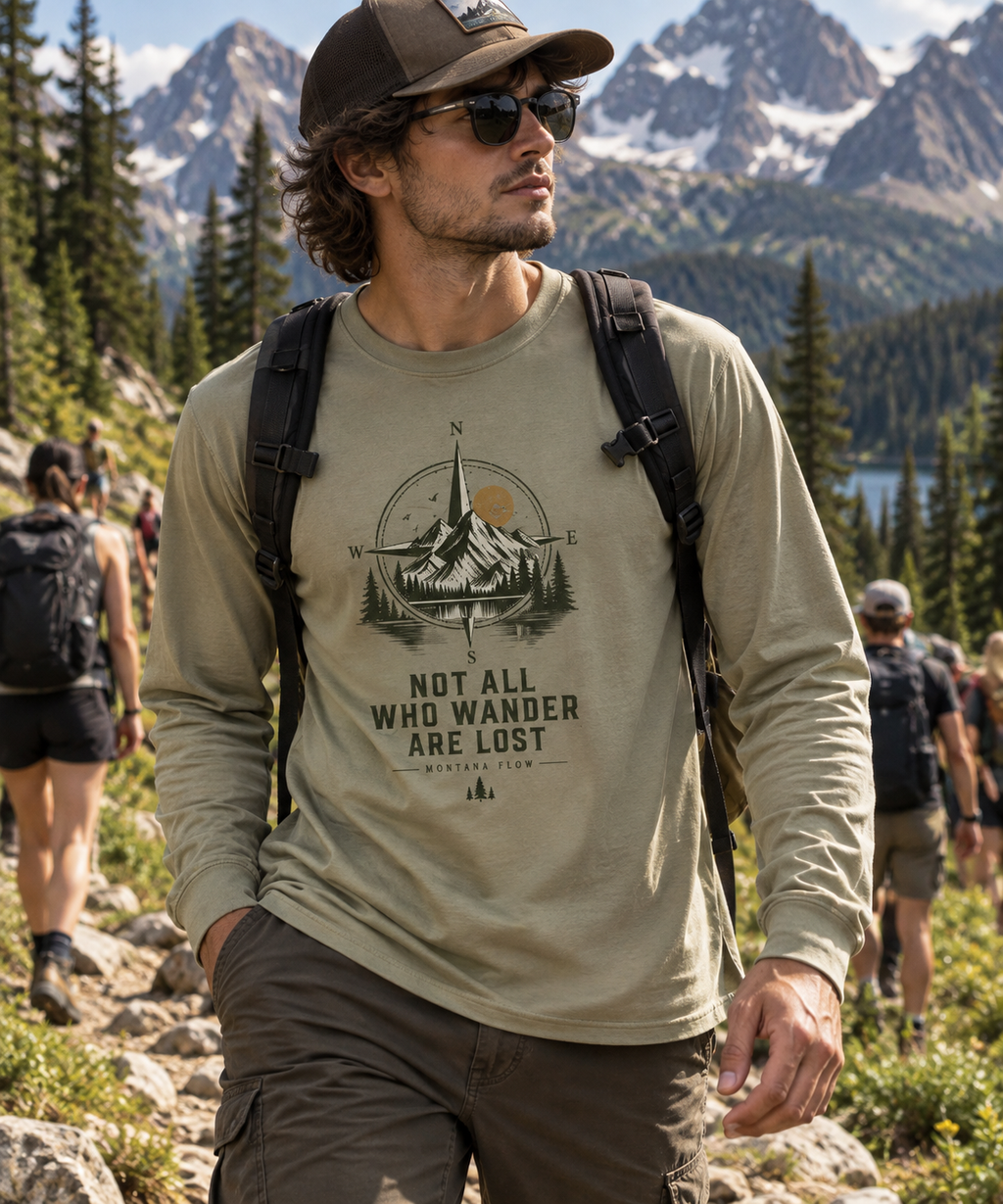 Not All Who Wander Are Lost Compass Mountain Long Sleeve T-Shirt | Outdoor Adventure