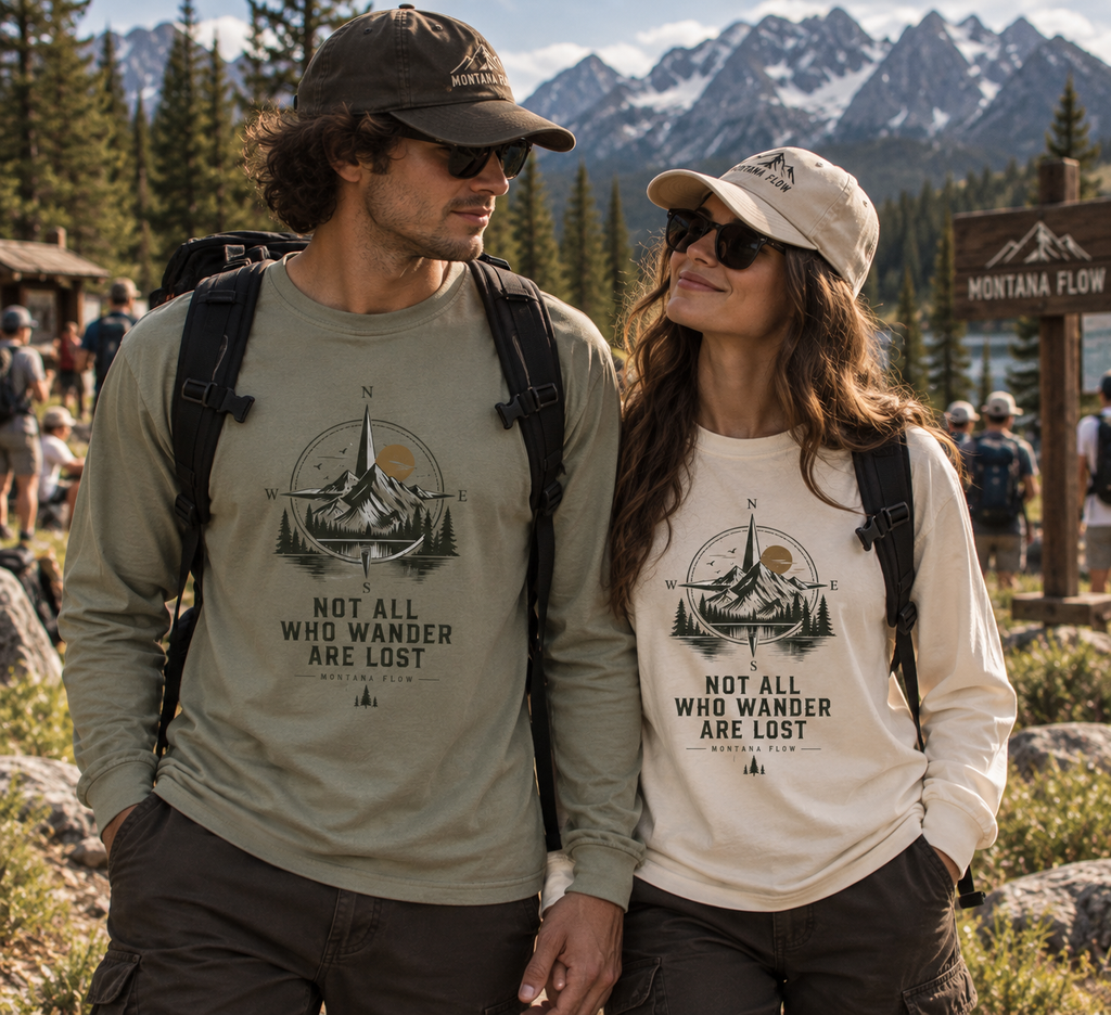 Not All Who Wander Are Lost Compass Mountain Long Sleeve T-Shirt | Outdoor Adventure