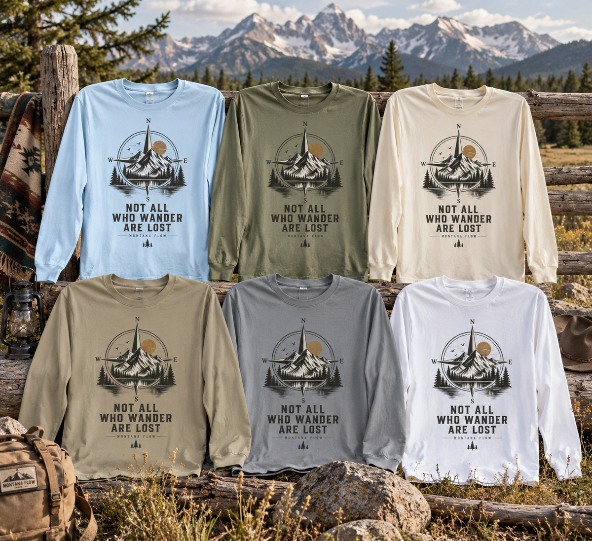 Not All Who Wander Are Lost Compass Mountain Long Sleeve T-Shirt | Outdoor Adventure