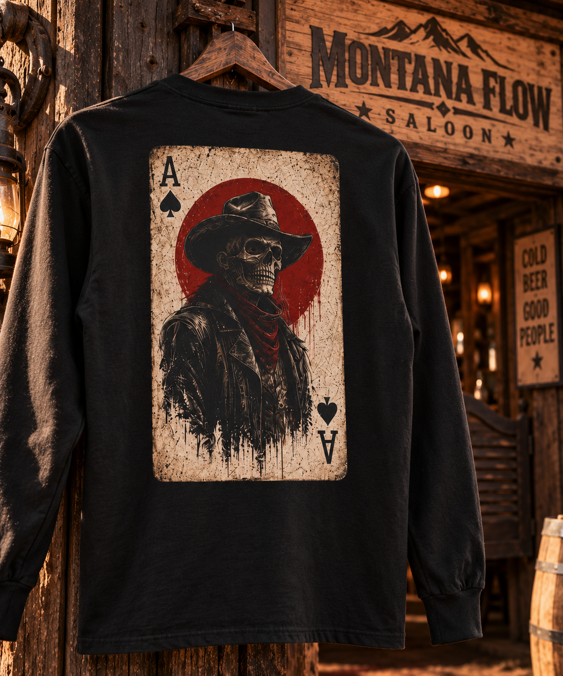 Ace of Spades Cowboy Long Sleeve | Western Skull Playing Card Shirt | Vintage Cowboy Tee