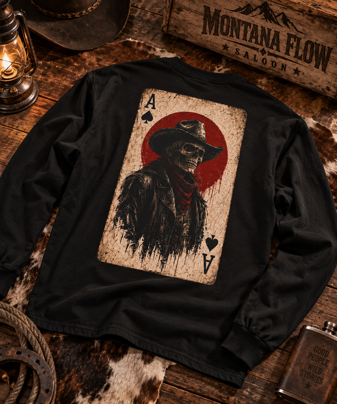 Ace of Spades Cowboy Long Sleeve | Western Skull Playing Card Shirt | Vintage Cowboy Tee