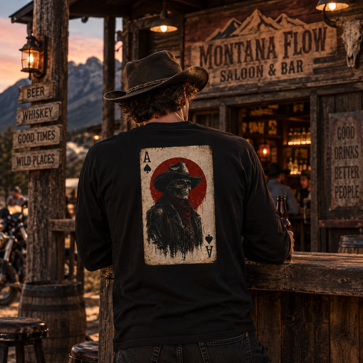 Ace of Spades Cowboy Long Sleeve | Western Skull Playing Card Shirt | Vintage Cowboy Tee