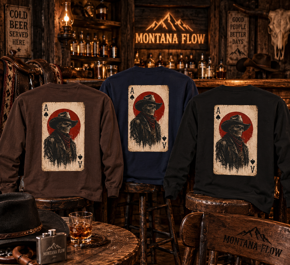 Ace of Spades Cowboy Long Sleeve | Western Skull Playing Card Shirt | Vintage Cowboy Tee