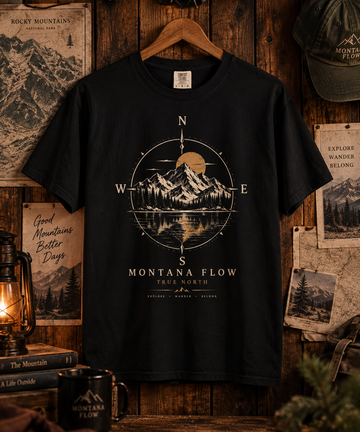 T-shirt Montana Flow Mountain Compass | T-shirt graphique coucher de soleil montagne