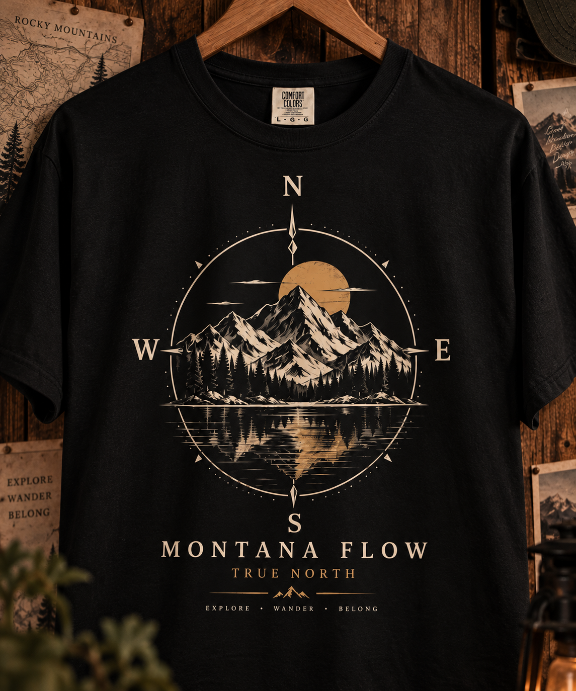 T-shirt Montana Flow Mountain Compass | T-shirt graphique coucher de soleil montagne