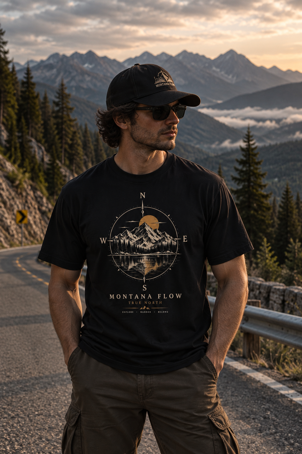T-shirt Montana Flow Mountain Compass | T-shirt graphique coucher de soleil montagne