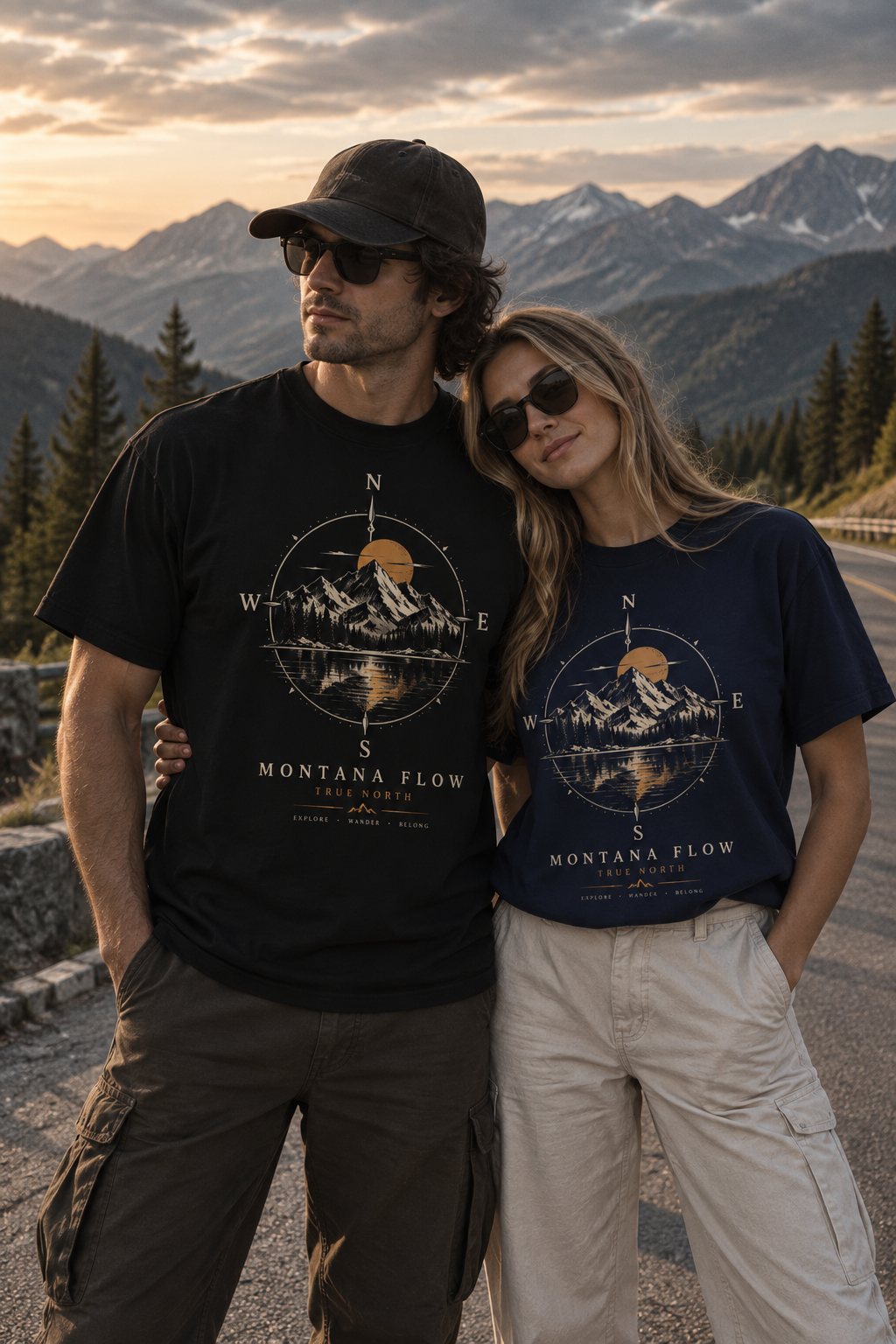 T-shirt Montana Flow Mountain Compass | T-shirt graphique coucher de soleil montagne