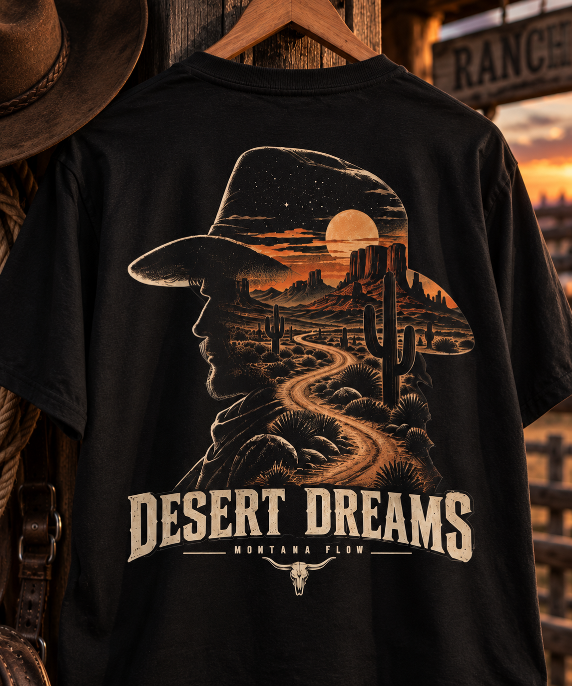 Desert Dreams Cowboy T-Shirt | Western Desert Sunset Graphic Tee | Cowboy Road Trip Shirt
