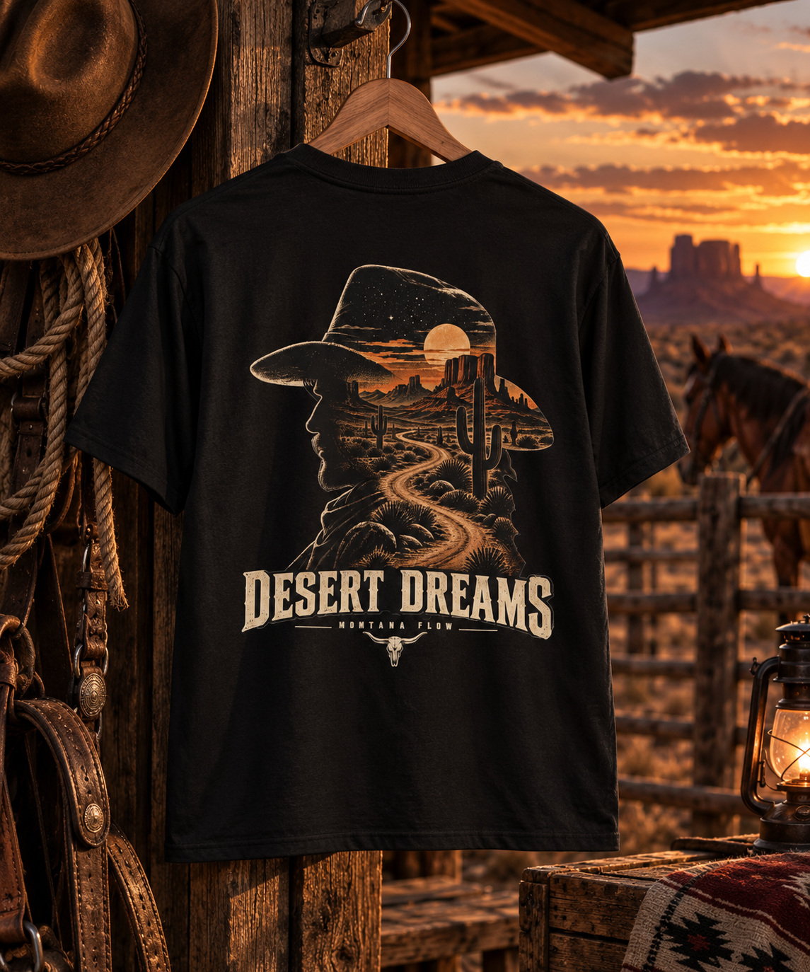 Desert Dreams Cowboy T-Shirt | Western Desert Sunset Graphic Tee | Cowboy Road Trip Shirt