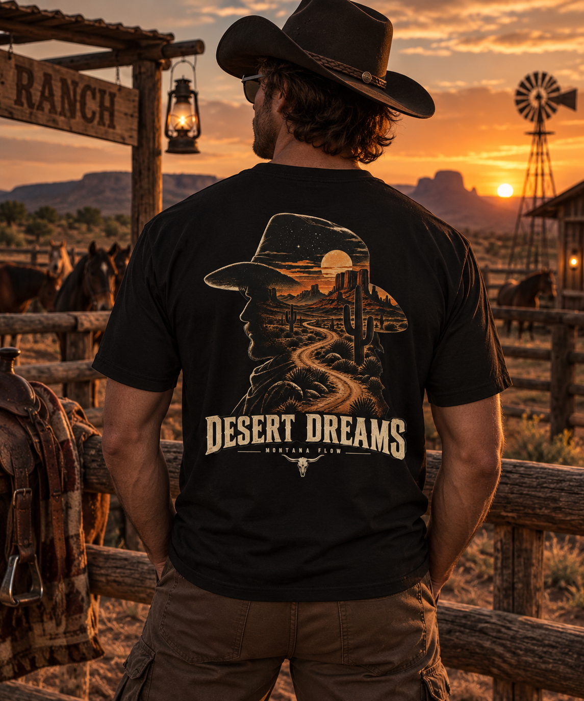 Desert Dreams Cowboy T-Shirt | Western Desert Sunset Graphic Tee | Cowboy Road Trip Shirt
