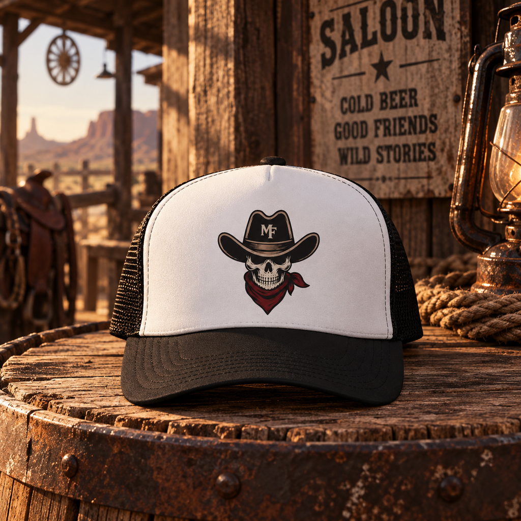 Skull Cowboy Trucker Hat | Western Skull with Bandana and Cowboy Hat