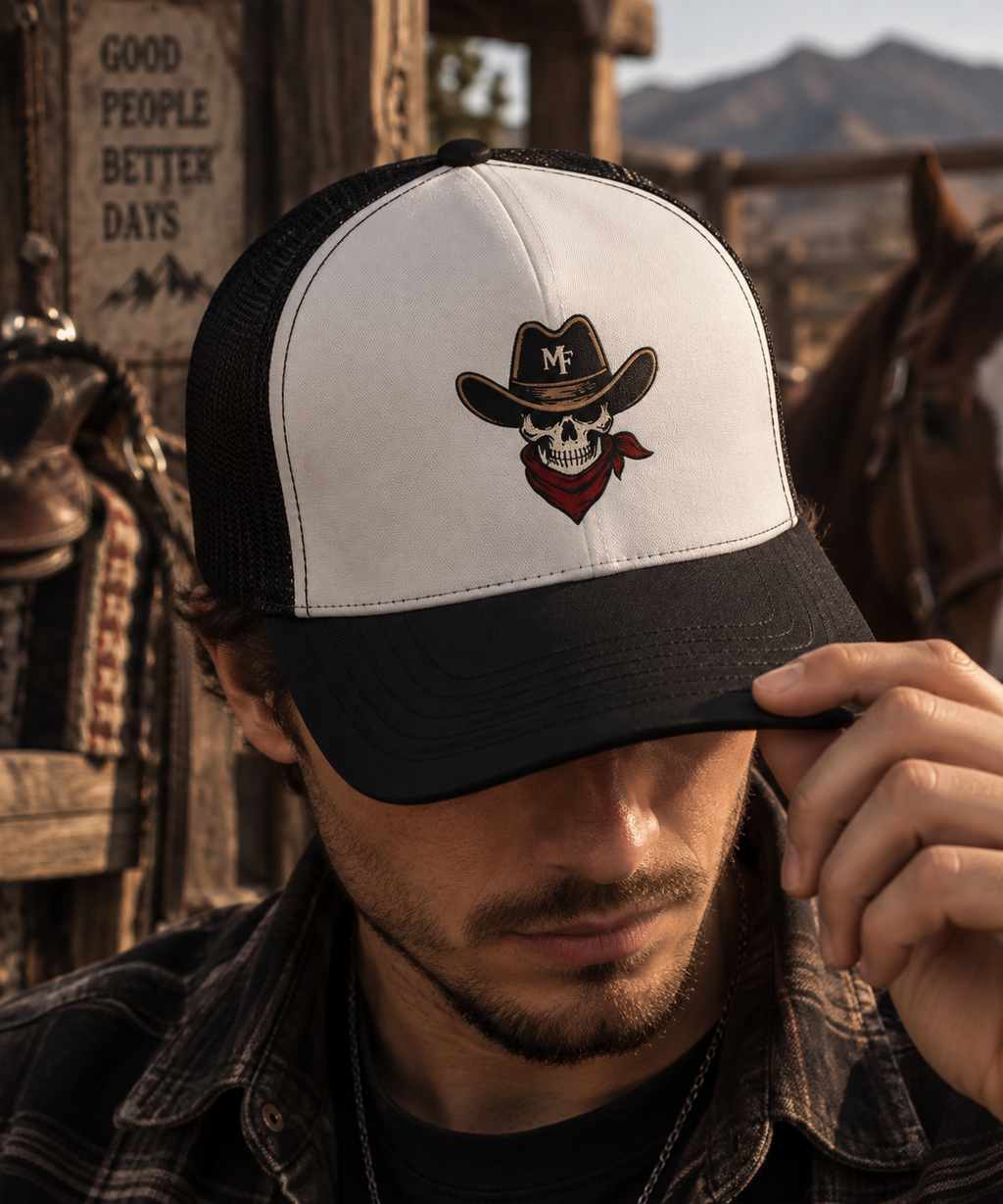 Skull Cowboy Trucker Hat | Western Skull with Bandana and Cowboy Hat