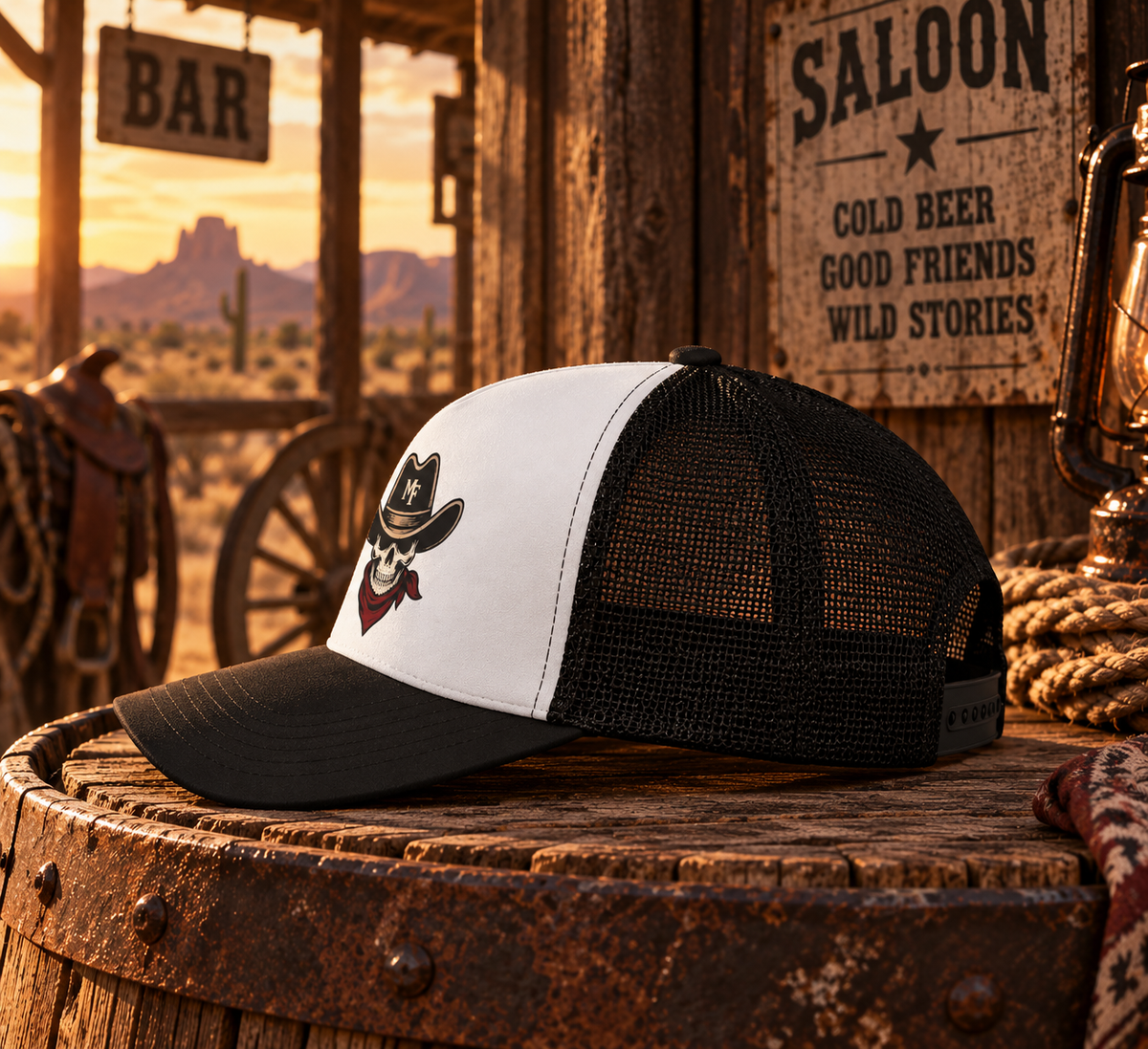 Skull Cowboy Trucker Hat | Western Skull with Bandana and Cowboy Hat