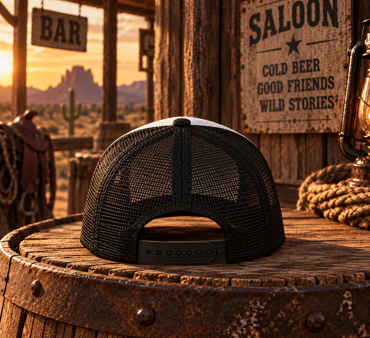 Skull Cowboy Trucker Hat | Western Skull with Bandana and Cowboy Hat
