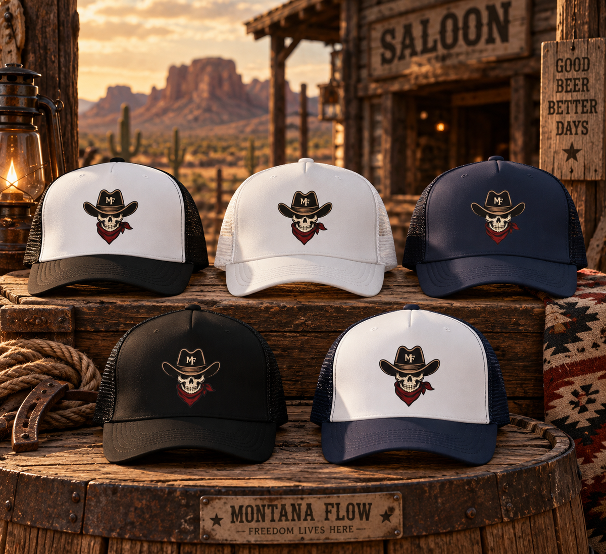 Skull Cowboy Trucker Hat | Western Skull with Bandana and Cowboy Hat