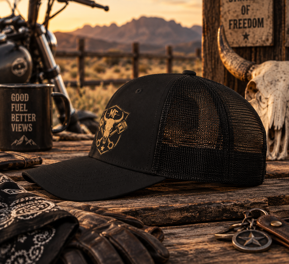 Skull Piston Trucker Hat | Western Motorcycle Cap | Biker Graphic Snapback