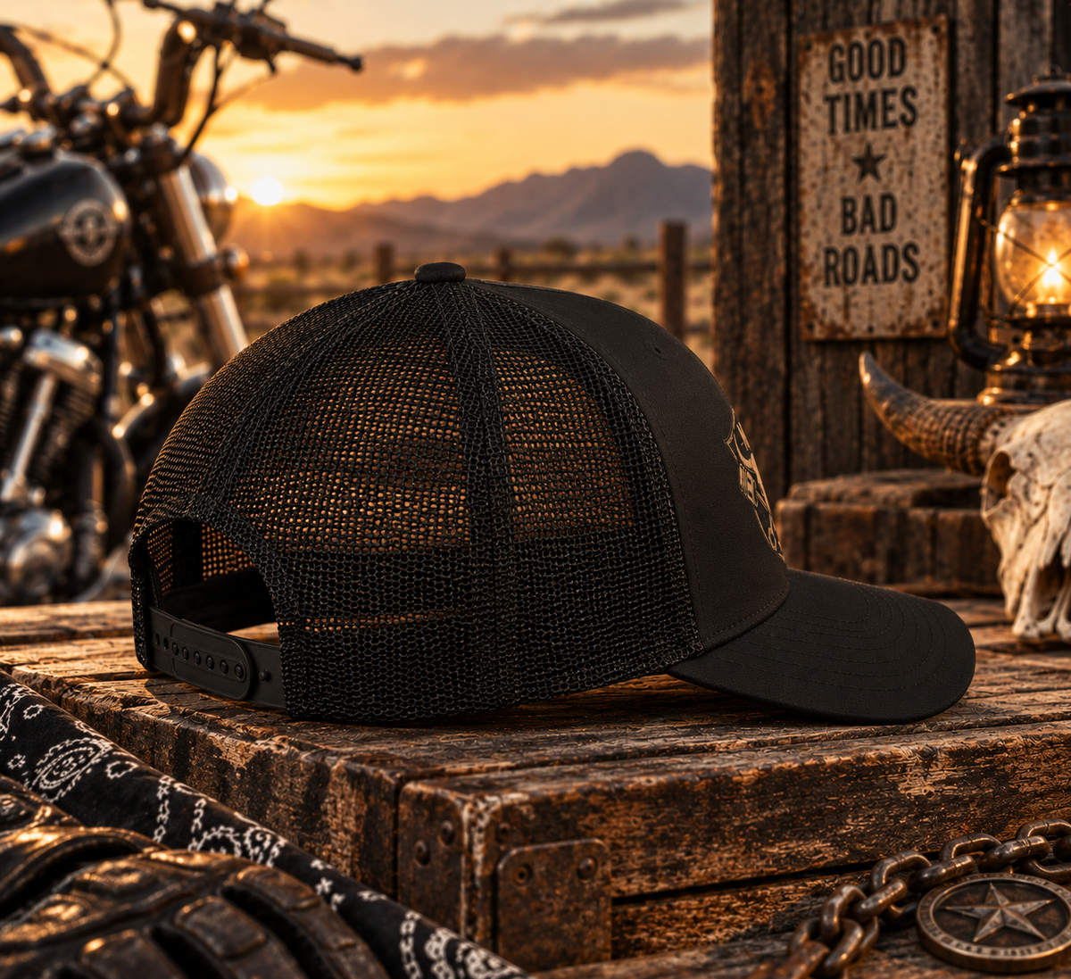 Skull Piston Trucker Hat | Western Motorcycle Cap | Biker Graphic Snapback
