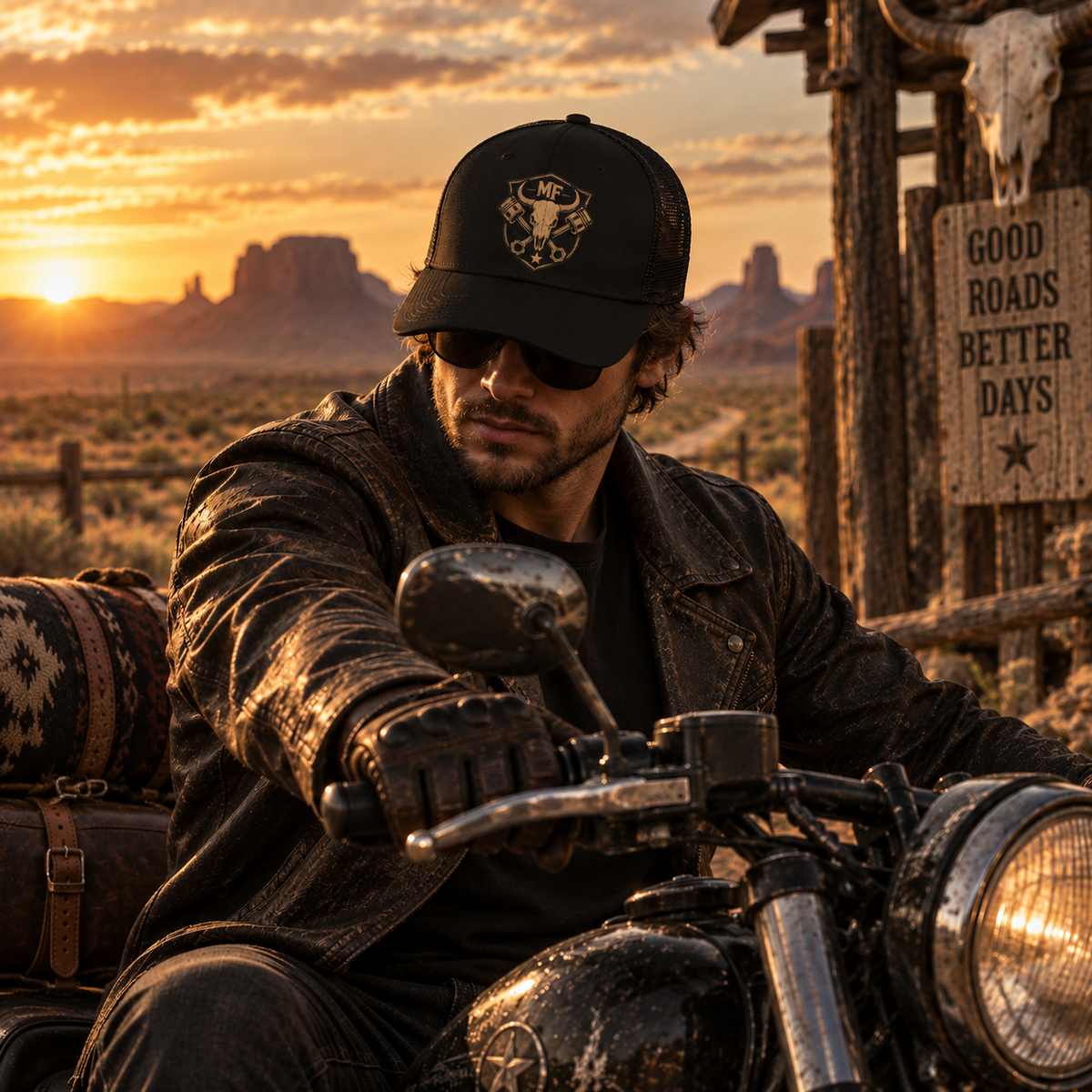 Skull Piston Trucker Hat | Western Motorcycle Cap | Biker Graphic Snapback