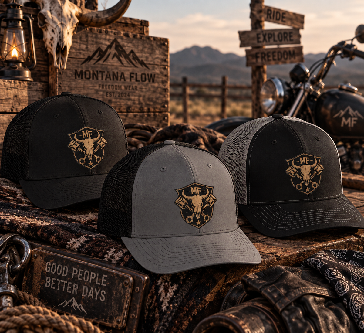 Skull Piston Trucker Hat | Western Motorcycle Cap | Biker Graphic Snapback