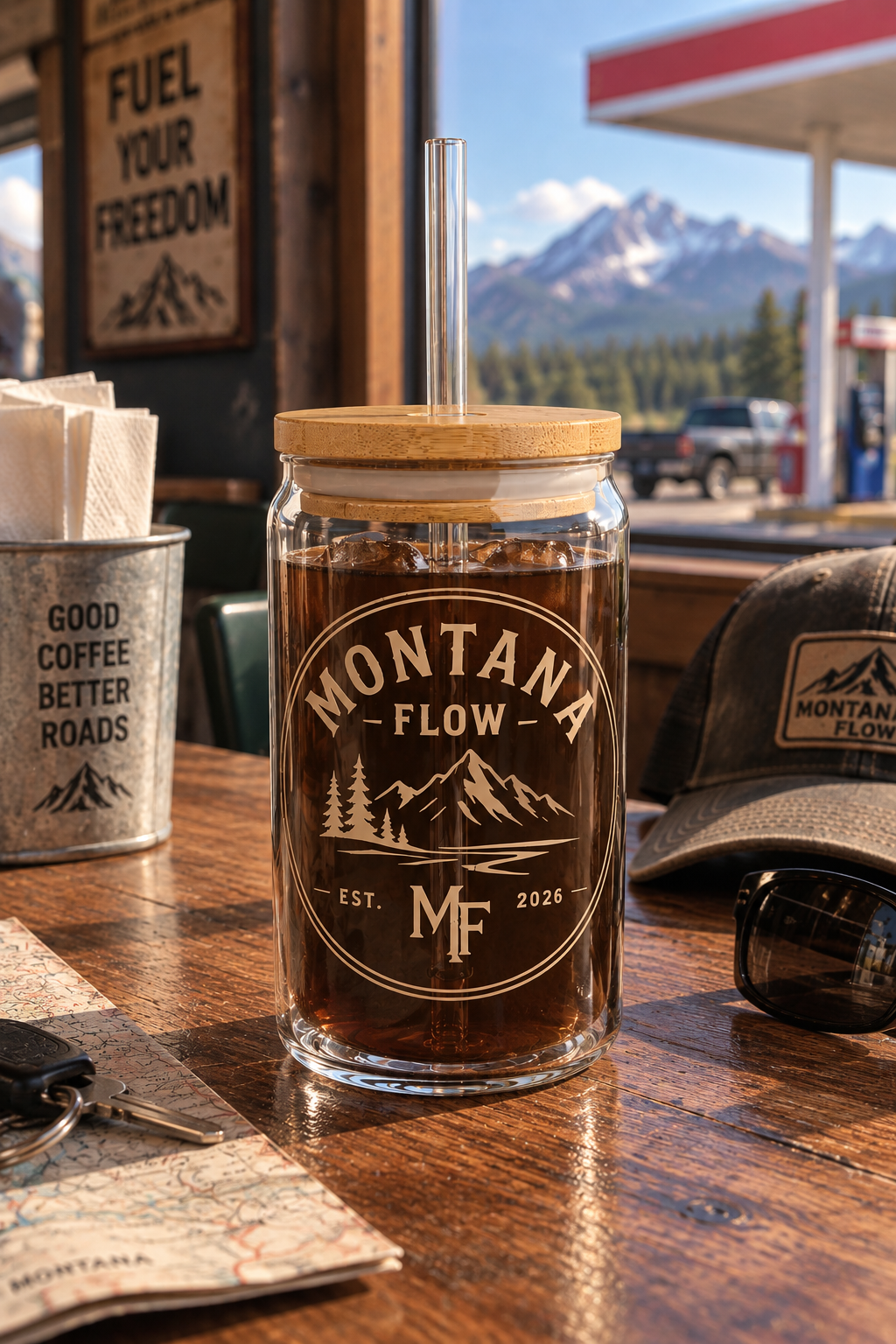 Montana Flow 16 oz Glass Tumbler | Mountain Travel Cup with Bamboo Lid & Straw | Outdoor Drinkware