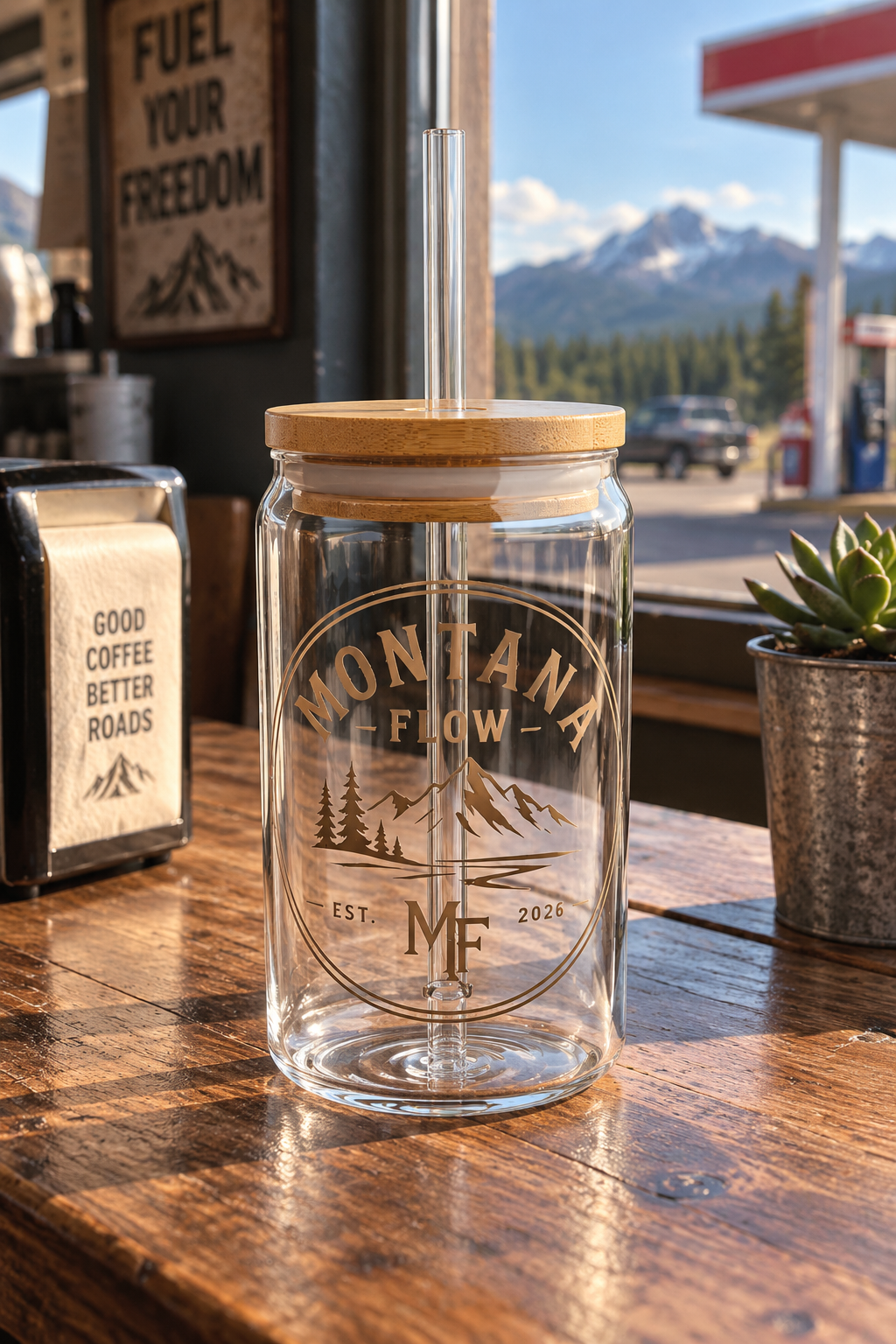 Montana Flow 16 oz Glass Tumbler | Mountain Travel Cup with Bamboo Lid & Straw | Outdoor Drinkware