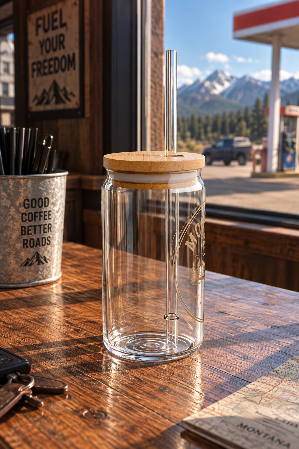 Gobelet en verre Montana Flow 16 oz | Tasse de voyage montagne avec couvercle et paille en bambou | Récipient pour boissons en plein air