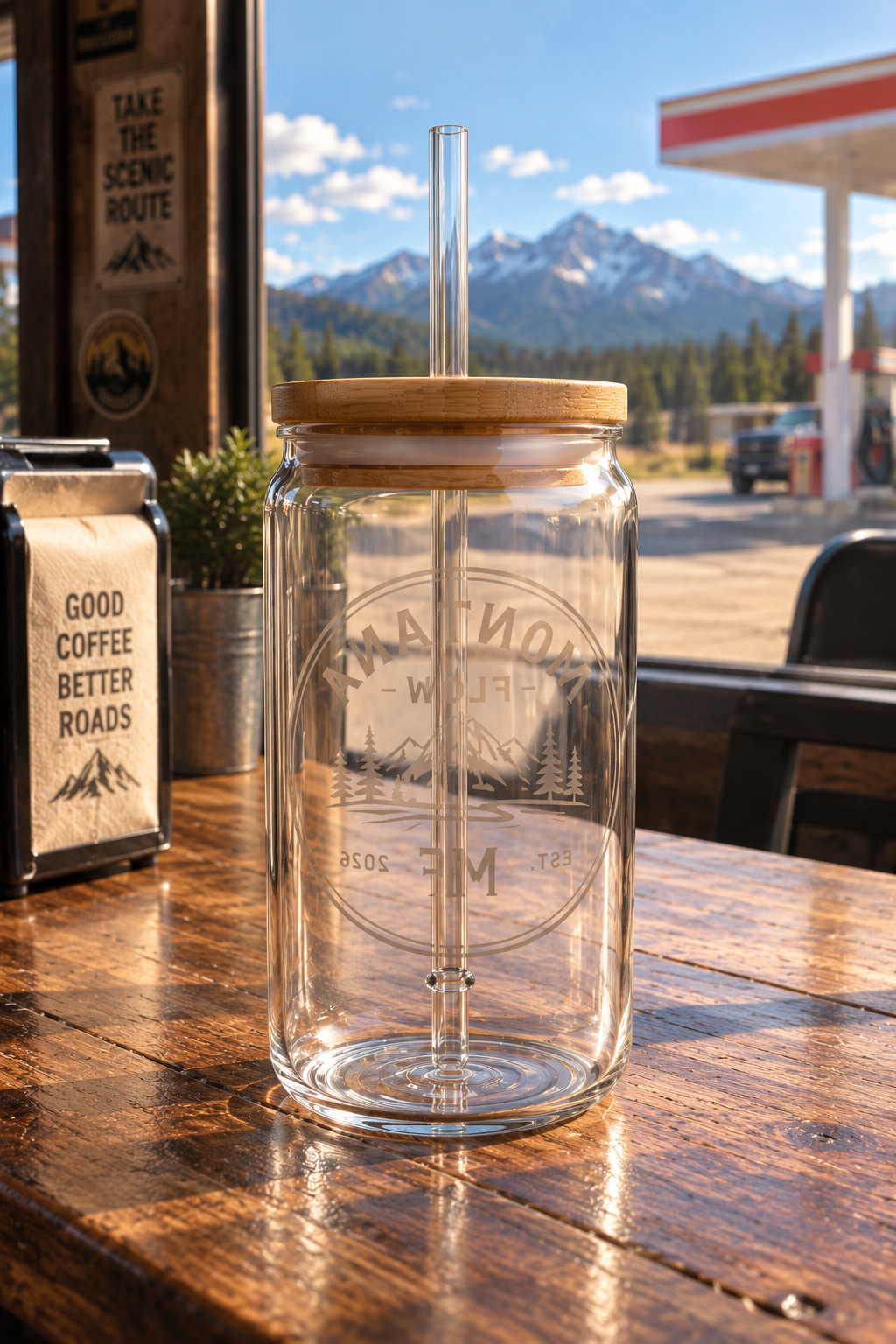 Montana Flow 16 oz Glass Tumbler | Mountain Travel Cup with Bamboo Lid & Straw | Outdoor Drinkware