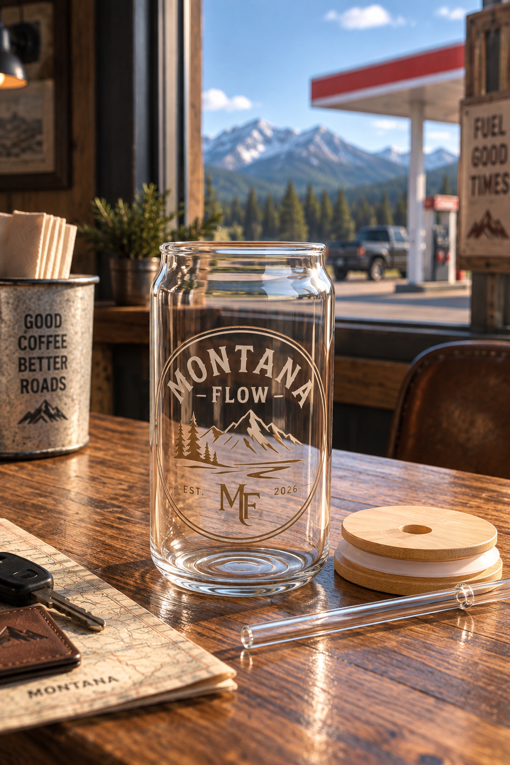 Gobelet en verre Montana Flow 16 oz | Tasse de voyage montagne avec couvercle et paille en bambou | Récipient pour boissons en plein air