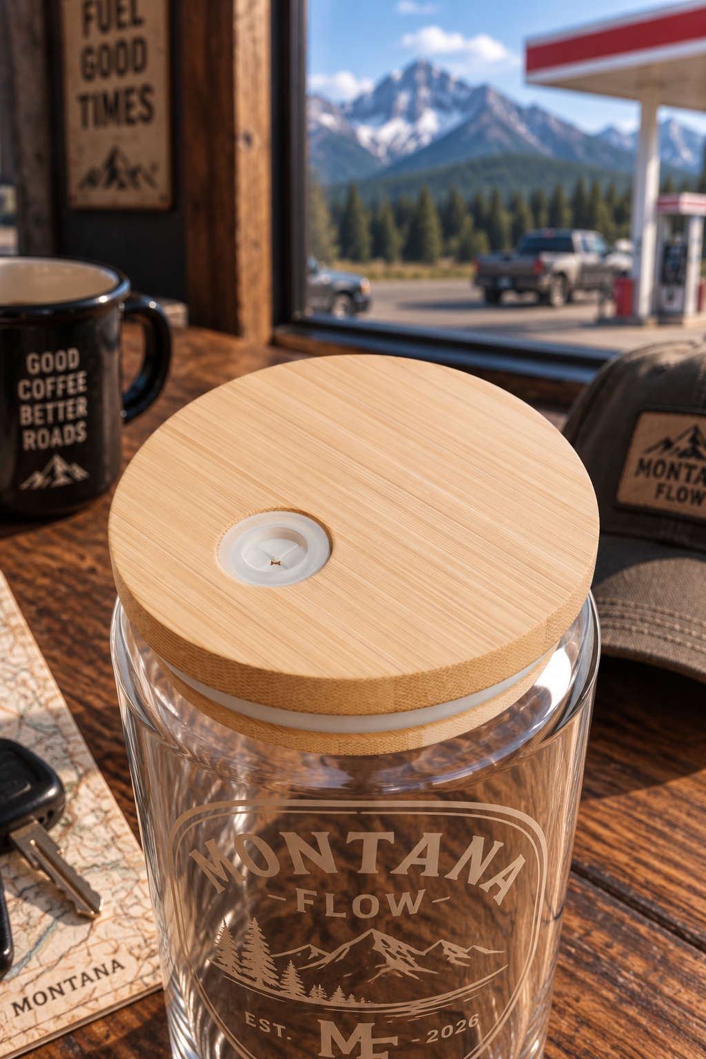 Montana Flow 16 oz Glass Tumbler | Mountain Travel Cup with Bamboo Lid & Straw | Outdoor Drinkware