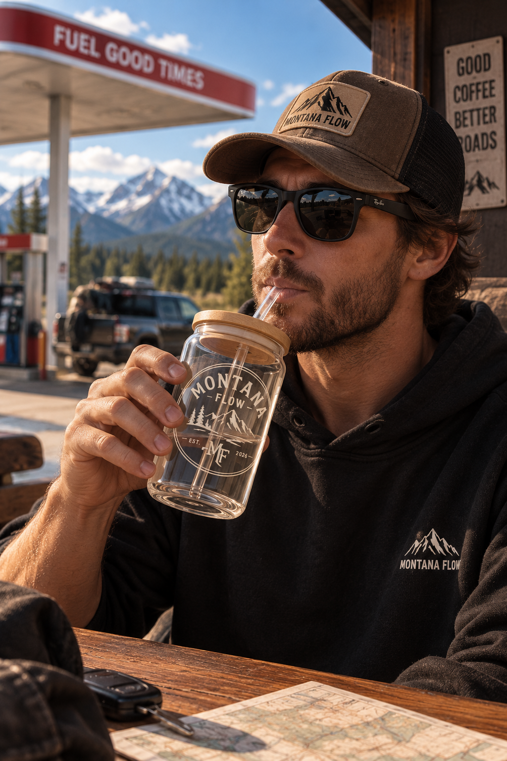 Montana Flow 16 oz Glass Tumbler | Mountain Travel Cup with Bamboo Lid & Straw | Outdoor Drinkware